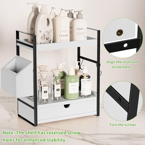 2-Tier Bathroom Counter Organizer with Drawer and Basket, Wood Countertop Organizer for Storage, Skincare Organizers for Vanity, Counter Shelf for Bathroom Organization,White - color: White