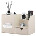 Square Tissue Box Cover with Drawer Storage and Tray on Top, PU Leather Tissues Cube Boxes Holder, Modern Nightstand Organizer Caddy, Remote Control Holder for Bathroom, Bedside, Office, Home - color: Beige Cloth