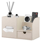 Square Tissue Box Cover with Drawer Storage and Tray on Top, PU Leather Tissues Cube Boxes Holder, Modern Nightstand Organizer Caddy, Remote Control Holder for Bathroom, Bedside, Office, Home - color: Beige Cloth