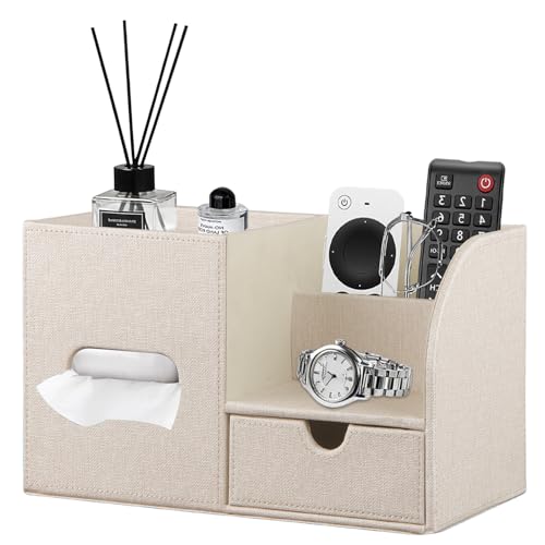 Square Tissue Box Cover with Drawer Storage and Tray on Top, PU Leather Tissues Cube Boxes Holder, Modern Nightstand Organizer Caddy, Remote Control Holder for Bathroom, Bedside, Office, Home - color: Beige Cloth