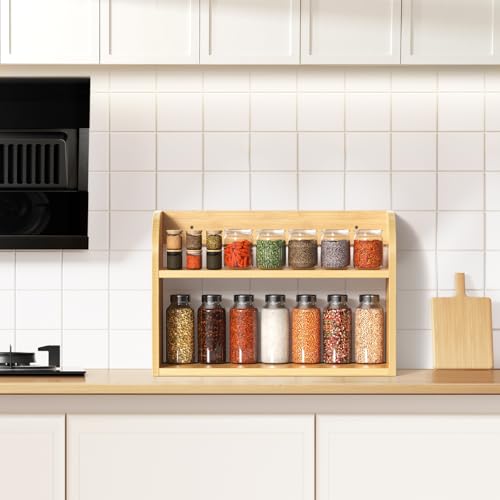 ROMGUAR CRAFT 2 Tier Bamboo Spice Rack, Countertop or Wall Mounting Wood Spice Jars Organizer Shelf for Kitche, Pantry (Natural) - color: Natural, size: 2 Tier