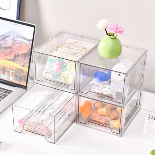 Stebopum 4 Pack Stackable Makeup Organizer, 4.4'' Tall Acrylic Bathroom Makeup Organizer and Storage Drawer with Pull-out Handle, Clear Plastic Storage Bins for Vanity,Pantry,Desk,Undersink,Kitchen - style: 4pack Small