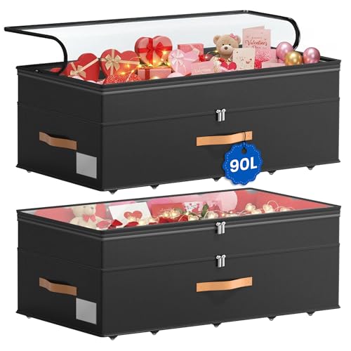 Under Bed Storage with Wheels, 2-Pack Underbed Storage Containers, No Assemble 11 inches 90L XXL Large Adjustable Storage Bins with Clear Lids, Rolling Storage for Clothes, Shoes, Blankets, Black - color: Black
