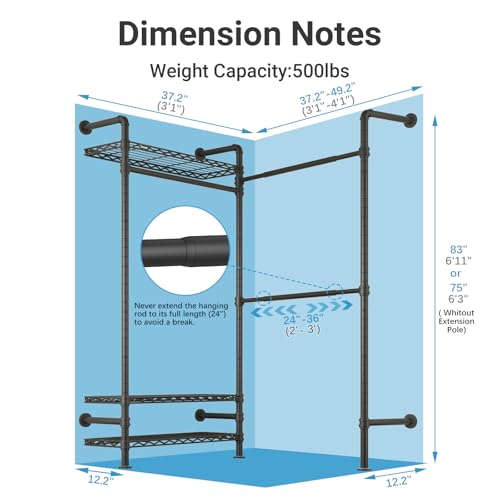 Timate L2 Wall Mounted Clothes Rack Industrial Pipe Clothing Rack for Hanging Clothes, Adjustable Expandable Garment Rack Heavy Duty Closet Organizer, Black Mounted Storage Industrial Closet System - color: Black