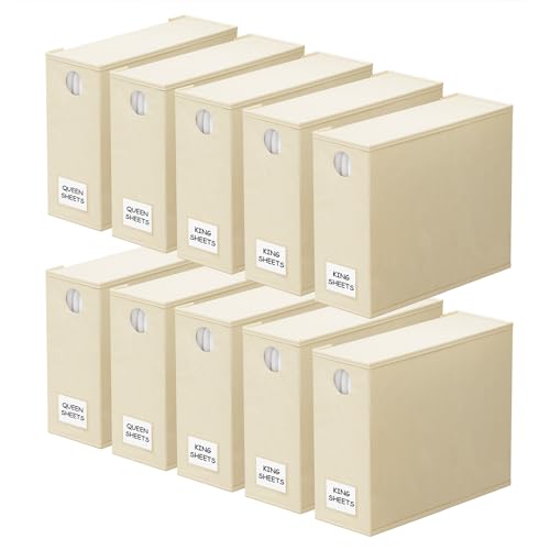 SpaceAid 10 Pack Bed Sheet Organizers and Storage, Foldable Sheet Organizer for Linen Closet, Sheets Set Folder Keeper with Window XL (Queen & King Size) Organizing Bedding Container, Beige - color: Beige, size: 10 Pack