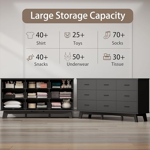 Xixini Dresser for Bedroom, Wide Wood 9 Drawer Modern Chest of Drawers with X-Shaped Sturdy Base, Double Dresser Closet Clothes Storage Organizer, Wooden TV Stand for Living Room, Hallway, Black - color: Black, size: 15.6"D x 59.1"W x 29.5"H (9 Drawers)