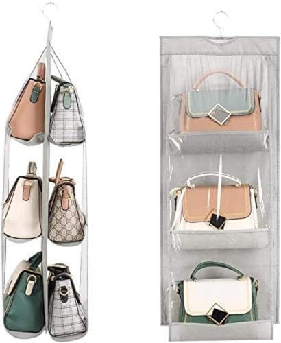 HAN SHENG 6 Pockets Clear Handbag & Purse Organizer Hanging Bag Storage - Space Saving Hanging Shelf for Closet, Wardrobe, Over Door (1 Pack, Grey) - color: Grey, size: 6 Pockets-1pc