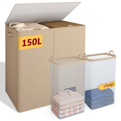 150L Laundry Hamper 2 Section, Large Laundry Hamper with Lid, Dirty Clothes Hamper with 2 Removable Inner Bags, Collapsible Laundry Basket Organizer for for Clothes Toys Towels, Hamper 2 Compartment - color: Oatmeal, size: 150L