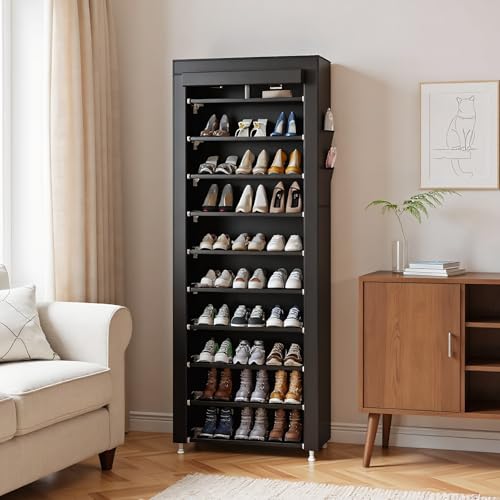 UDEAR 10-Tier Free Standing Shoe Rack Sturdy Shoe Rack Organizer for Closet Entryway Stackable Shoe Shelf with Dustproof Cover,Black - color: Black