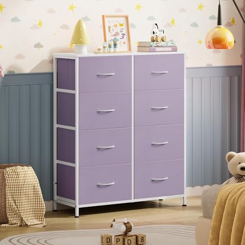 WLIVE Fabric Dresser for Bedroom, Tall Dresser with 8 Drawers, Storage Tower with Fabric Bins, Double Dresser, Chest of Drawers for Closet, Playroom, Dormitory, Purple - color: Purple, style: General