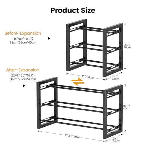 Homeiju Expandable Shoe Rack, 3 Tier Metal Shoe Shelf, Adjustable Shoe Stand for Sneakers, Boots, Heels, Heavy-Duty Steel Standing Shoe Organizer for Entryway, Closet, Bedroom, Black - color: Black, size: 3-Tier
