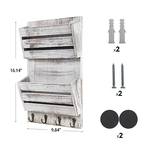 Mail Organizer Wall Mount with 4 Key Hooks, Rustic Wooden Hanging Mail Sorter Farmhouse Key Holder for Wall Decoration, 2-Slot Wall File and Magazines Bill Letter Holder - color: Vintage White