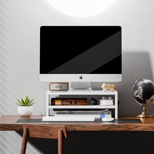 Marbrasse Monitor Stand Riser, 16.5 Inch 2 Tier Computer Printer Shelf Stand for Laptop Computer Screen Storage, Desktop Stand with Phone Holder and Cable Management (White) - color: White