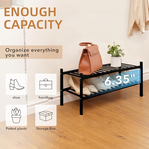 2 Tier Bamboo Shoe Rack Storage Organizer for Closet, Multifunctional Stackable Free Standing Shoe Shelf Organizer for Small Space,Entryway,Hallway,Bathroom 27"x11"x13" (Black, 2 Tier) - color: Black, size: 2 Tier