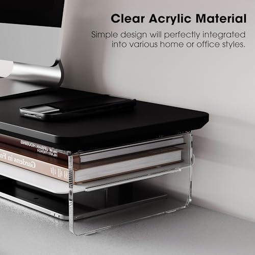 Fenge Acrylic Monitor Stand Riser, 42.5 Inches Dual Monitor Stand with Metal Storage, 2 Tier Acrylic Computer Riser for Desk, Clear Laptop Stand for PC, Laptop, Printer, TV, Black - color: Black, size: 42.5in