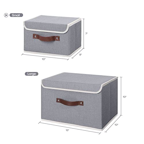 ANMINY Storage Bin with Lid Storage Boxes with PU Leather Handles PP Plastic Board Decorative Foldable Lidded Cotton Linen Fabric Home Cubes Baskets Closet Organizer Container - Gray, Small Size - color: Gray, size: Small (Pack of 1)