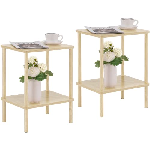 Apicizon 2 Tier End Table Set of 2, Small Side Table with Solid Wood Legs, Boho Bedside Table with Storage Shelf, Nightstand for Small Spaces, Bedroom, Living Room, Entryway, Light Natural - color: Light Natural, size: 2 Set, style: 2 Tier