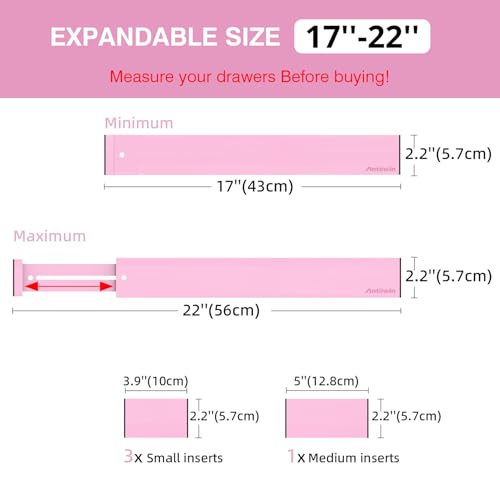 ANTOWIN Expandable Bamboo Drawer Dividers Organizers, Drawer Separators Splitter, 17-22 inches Long Adjustable Spring-loaded Organizer for Large Utensil, Clothes, Tools(Pink) - color: Pink