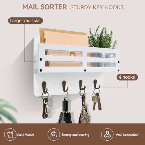 Key Holder Wall Mount Farmhouse Key Hooks for Wall with Mail Organizer Decorative Key Rack with 4 Sturdy Hooks for Dog Leash, Sunglasses, Rustic, Paulownia Key Hanger for Entryway - color: White, size: 10.2IN
