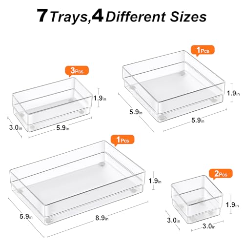 SMARTAKE 7-Piece Drawer Organizer with Non-Slip Silicone Pads, 4-Size Desk Drawer Organizer Trays Storage Tray for Makeup, Jewelries, Utensils in Bedroom Dresser, Office and Kitchen (Clear) - style: 7 PCS