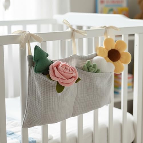 Cotton Baby Hanging Bedside Storage Bag Organizer with 2 Pockets, Baby Crib Accessories for Cribs, Toys, Diapers (Light Gray)