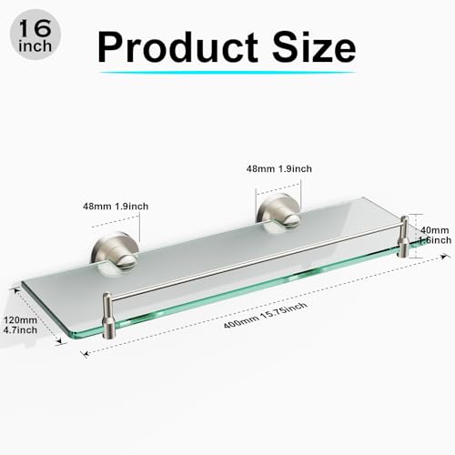 Glass Bathroom Shelves,Brushed Nickel Floating Shelves for Wall Rectangular Modern Stainless Steel Glass Shelf for Bathroom Shelves Wall Mounted 16 Inch - color: Brushed Nickel, size: 16"with railing