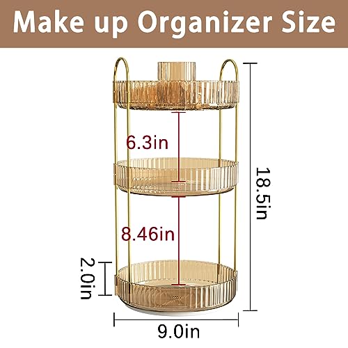 shuang qing Rotating Makeup Organizer for Vanity, High-Capacity Skincare Clear Make Up Storage Perfume Organizers Cosmetic Dresser Organizer Countertop 360 Spinning (Gold, New-3 Tier) - color: Gold, size: New-3 Tier