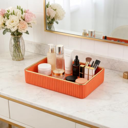 PU Leather Valet Tray,Desk Organizer Tray Nightstand Organizer Trinket Dish Storage Key Bowl Decorative Trays for Phone Wallet Jewelry Watch Bathroom Bedroom Perfume Vanity Trays,Orange - color: Orange