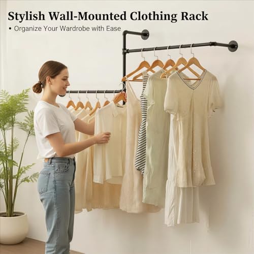 Industrial Pipe Clothing Rack Wall Garment Rack with Pipe Clothes Rails, Multi-Purpose Heavy Duty Clothing Hanging Rods Space-Saving Clothes Bar Organizer Closet (wall clothing rack-2 hanging rods) - style: wall clothing rack-2 hanging rods