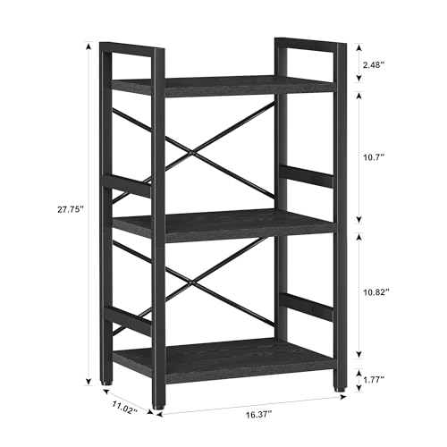 Homeiju Bookshelf, 3 Tier Industrial Bookcase, Metal Small Bookcase, Rustic Etagere Book Shelf Storage Organizer for Living Room, Bedroom, and Home Office(Black) Patent Pending D29873033 - color: Black, size: 3 Tier