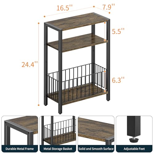 Yoobure Narrow Side Table with Storage Basket, Small End Table for Small Spaces Skinny Side Tables Living Room Bedroom, Slim Nightstand 3 Tier Bedside Table Space-Saving for Magazine, Rustic Brown - color: Rustic Brown