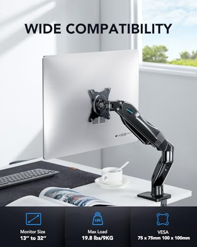 HUANUO FlowLift™ Single Monitor Mount, 13 to 32 Inch Monitor Arm, Adjustable Monitor Stand, Vesa Mount with Clamp and Grommet Base - Fits 4.4 to 19.8lbs LCD Computer Monitors - color: Black
