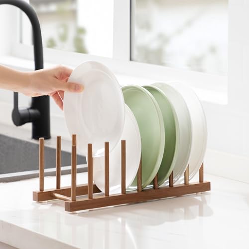 HBlife Acacia Wooden Dish Dying Rack Pot Lid Plate Organizer Holder for Cabinet, Cutting Board Stand Drainer Storage Plate Rack for Dish, Pot Lid, Bowl, Cup, Cutting Board and Books - color: Acacia 8 Slots 1pcs