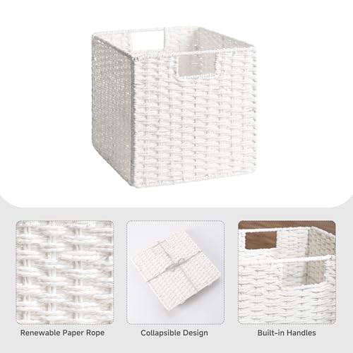 StorageWorks 11 inch Wicker Storage Cubes, Handwoven Cube Storage Bin, Square Cubes Basket, Foldable Paper Rope Basket for Organizing, White, 2 Pack - color: White, size: 11"L x 11"W x 11"H