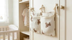 Bedside hanging bag for storing baby milk bottles and blankets - Baby diaper folding bed organizer bag - White teddy bear - color: white