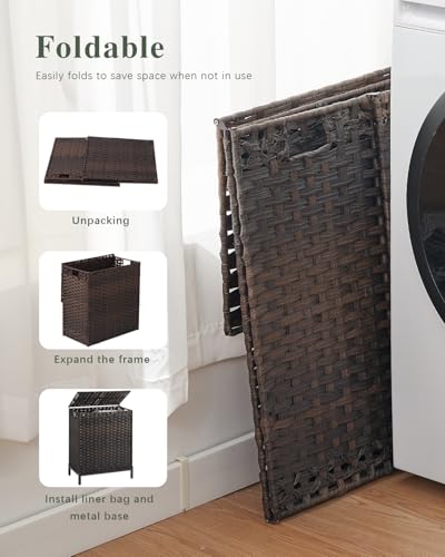 SETVSON Laundry Hamper with Lid, 112 L Handwoven Rattan Wicker Laundry Basket, 2 Removable Liner Bags Metal Heightened Feet, 6 Mesh Bags, 2 Section Large Clothes Hamper for Bathroom Bedroom, Brown - color: Brown, size: 112 L - 29.6 gal