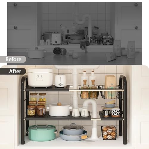 Expandable Under Sink Organizer, 2 Tier Under Sink Shelf with 2 Removable Baskets and 6 Removable Panels for Cabinet Sink Cloakroom Wardrobe Closet Storage(Black, 17.71”-32”Length