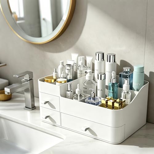 MIUOPUR Makeup Organizer with Drawers, Bathroom Counter Organizer, Plastic Cosmetic Display Case, Large Skincare Storage for Vanity Countertop, Ideal for Bedroom Dresser top and Desktop - color: Artic White