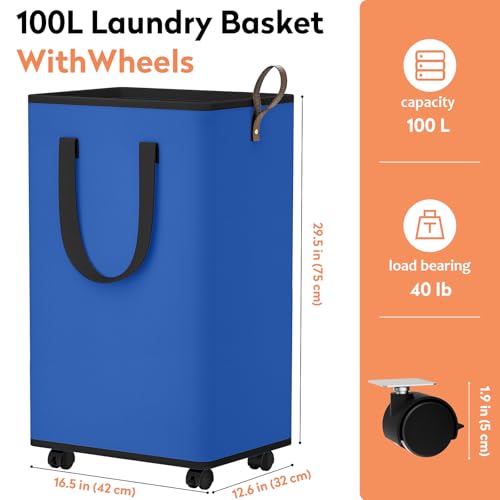 SpaceTrove Laundry Basket with Wheels, Collapsible Laundry Baskets, Laundry Hamper with Handles Detachable Wheels, Rolling Laundry Basket, Dirty Clothes Hamper for Bathroom, Dorm, Bedroom, Blue, 100L - color: Blue, size: 100L