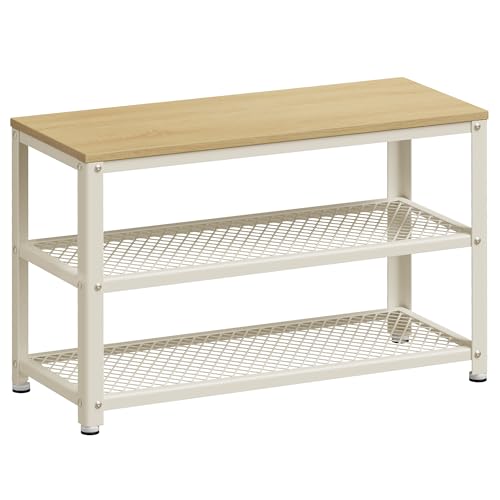 VASAGLE 3-Tier Shoe Rack, Shelf Storage Bench with Metal Mesh Shelves and Seat, Free Standing Shoe Organizer for Entryway, 11.8 x 28.7 x 17.7 Inches, Oak Beige and Classic White ULBS073W09 - color: Oak Beige + Classic White, size: 28.7"W x 17.7"H, style: