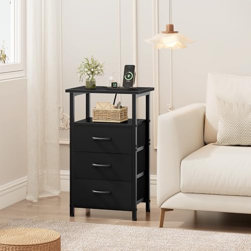 Vagusicc Nightstand Set of 2 with Charging Station, Bedside Table with USB Ports and Outlet, End Table Side Table with 3 Fabric Drawers and Storage Shelf, Bed Side Table Night Stand for Bedroom, Black - color: Black, size: 2 Pieces, style: Ordinary