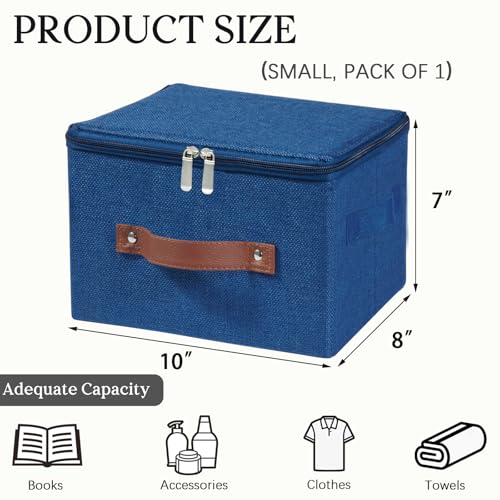 Storage Bins with Zipper Lid Foldable Fabric Lidded Storage Boxes Baskets Cubes Washable Collapsible PU Leather Handle Cotton Linen Shelves Closet Organizer Container(Dark Blue, Small Size) - color: Dark Blue, size: Small ( Set of 1 )