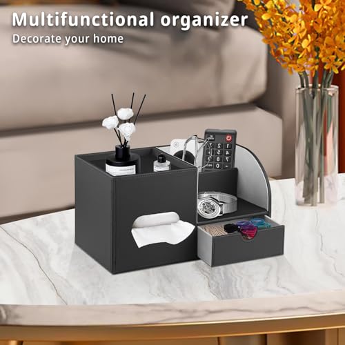YAPISHI Tissue Box Cover with Storage Tray and Drawer, PU Leather Square Tissue Box Holder, Modern Cube Facial Tissue Dispenser, Makeup Holder, Remote Control Organizer for Nightstand, Bathroom Vanity - color: Black