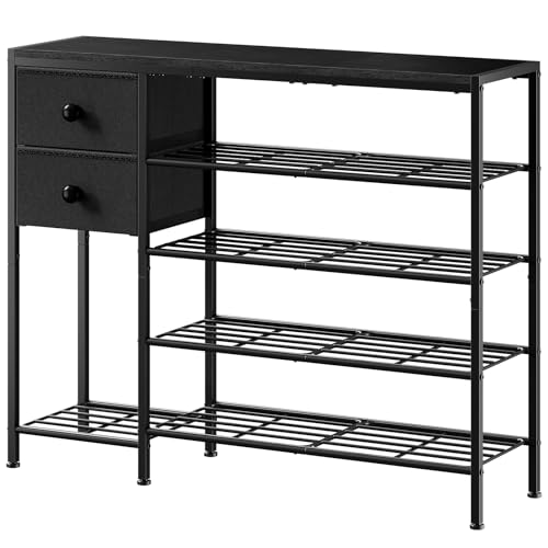 5-Tier Shoe Rack with 2 Fabric Drawers, Metal Frame and Wooden Board Shoe Organizer for 16-20 Pairs of Shoes, Shoe Shelf with Boots Storage for Entryway Closet Black - color: Black