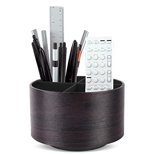 Hennaja Round Leather Art Supply Organizer,Remote Control Holder,360 Degree Spinning,Multi-Functional Pencil Holder,4 Compartments Desktop Stationary Organizer(1-Dark Brown2) - color: 1-Dark Brown2