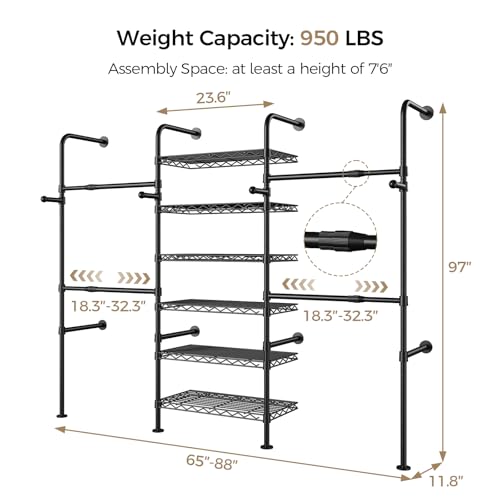 Closet Organizers and Storage, 3-Row Heavy Duty Garment Rack Clothes Rack for Hanging Clothes, Wall Mounted Closet System with 4 Telescopic Rods, 4 Hooks, 6 Shelves for Wardrobe, Bedroom, Small Space - style: 3-Row