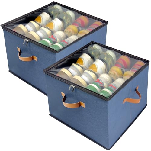 Shoe Organizer for Closet, 2 Pack Shoe Storage Bins with Clear Cover, Adjustable Dividers Fits 16-32 Pairs ShoeBoxes, Organizador de Zapatos, Navy Blue - color: 2 Pack -Navy Bule