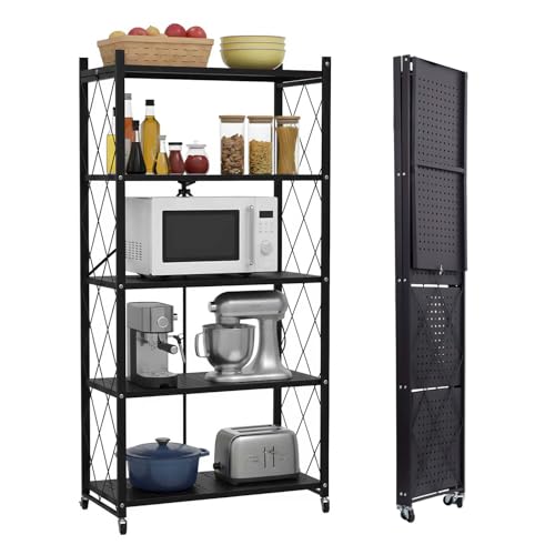 5 Tier Foldable Storage Shelf with Wheels, Heavy-Duty Metal Shelving Unit, No Assembly Book Shelf Rolling Storage Rack for Garage, Kitchen, Pantry, Closet, Exhibition, Office Decor, Black - size: 5-Tier