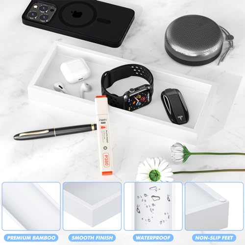 ZHWS Bathroom Vanity Tray for Countertop Decor Perfume Jewelry Toiletries, Toilet Tank Tray for Candle Bamboo Kitchen Tray for Soap Dispenser Spice Coffee Set of 2 11.3’’L x 4.4’’W x 1.14’’H - color: White, size: 2 Pack 11.3 x 4.4 x 1.14 inch