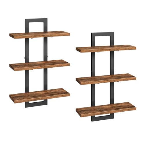 HOOBRO Floating Shelves, Set of 2 Wall Shelves, 3-Tier Wall Mounted Storage Shelves, Hanging Bathroom Shelves, for Living Room, Bedroom, Bathroom, Kitchen, Rustic Brown and Black BF31BJP201